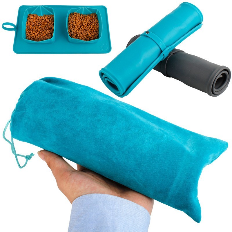 Amazon'S Popular Pet Folding Double Bowl Flannelette Bag Dog Bowl Easy To Carry Pet Storage Bowl Portable Cat Bowl