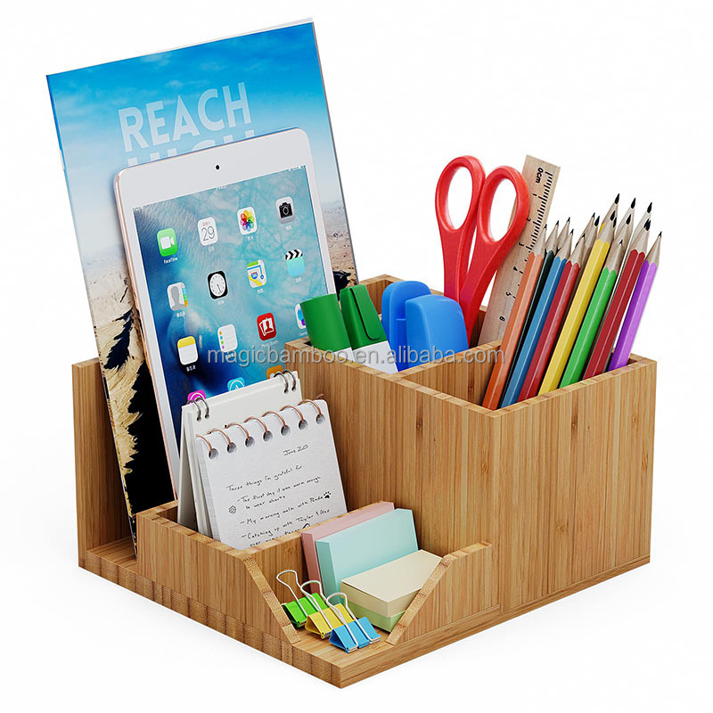 20x18x10cm Bamboo Desk Organizer Carved Pen Holder for Office Supplies Classic Design