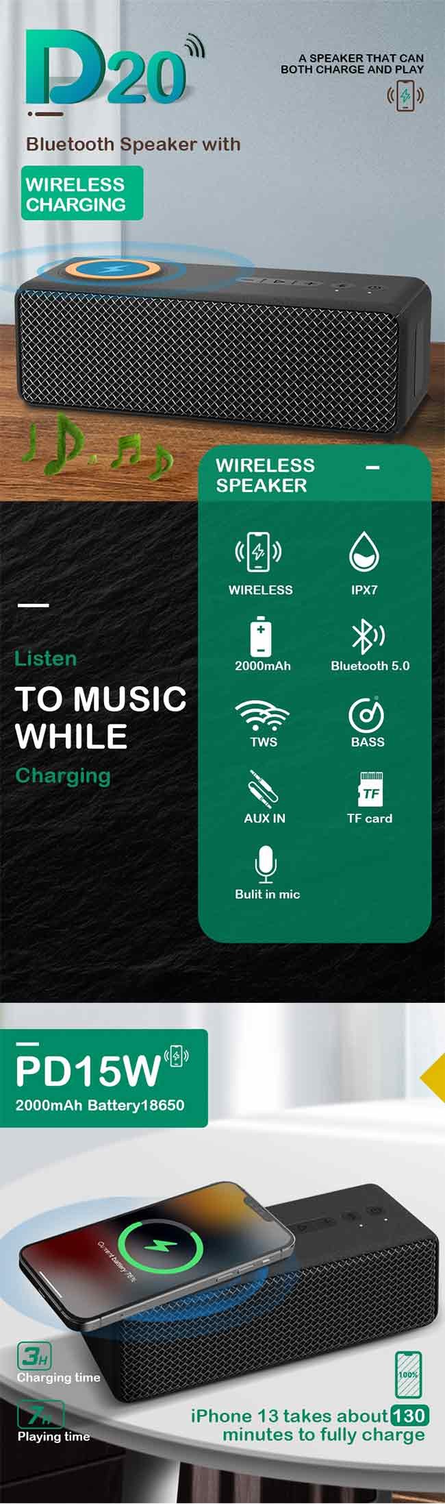 Bluetooth Wireless Charger Speaker With TWS Pairing Function Waterproof IPX7