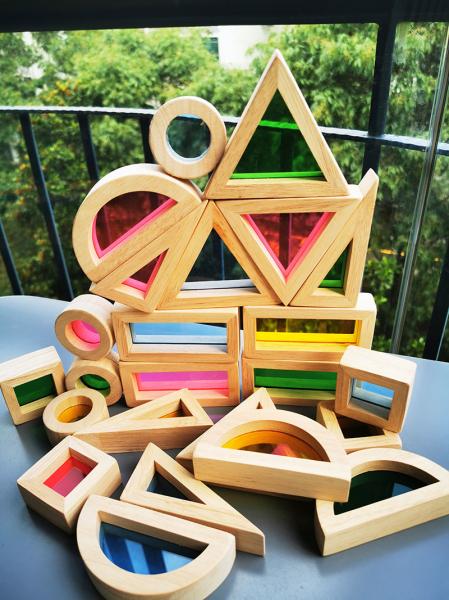 Buy cheap Kids Montessori Wooden Toy Sensory Rainbow Mirror Blocks Solid Rubber Wood Stacking Acrylic Buliding Stacker Educational from wholesalers