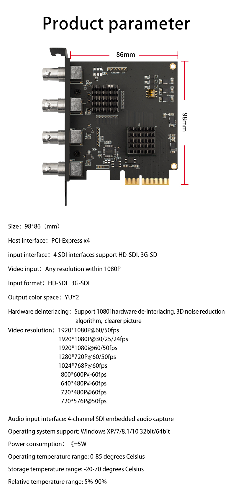 TY4SDI 4-channel SDI 1080P 60fps Video Capture Card for Space-saving Solution