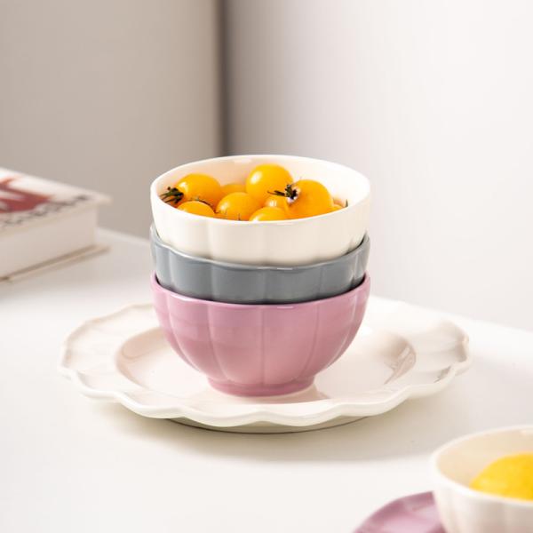 Buy cheap 2023 Nordic Style Porcelain Rice Bowl Mini Ceramic Bowl Solid Color Pumpkin Bowl Pink White Gray from wholesalers