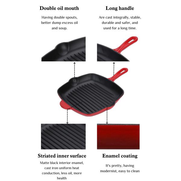 Non Stick Pre Season Cast Iron Square Grill Pan 10 Inch Easy Clean