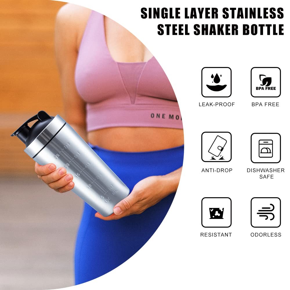 Portable Stainless Steel Shaker Double Section Metal Protein Shaker Bottle With Scale For Gym