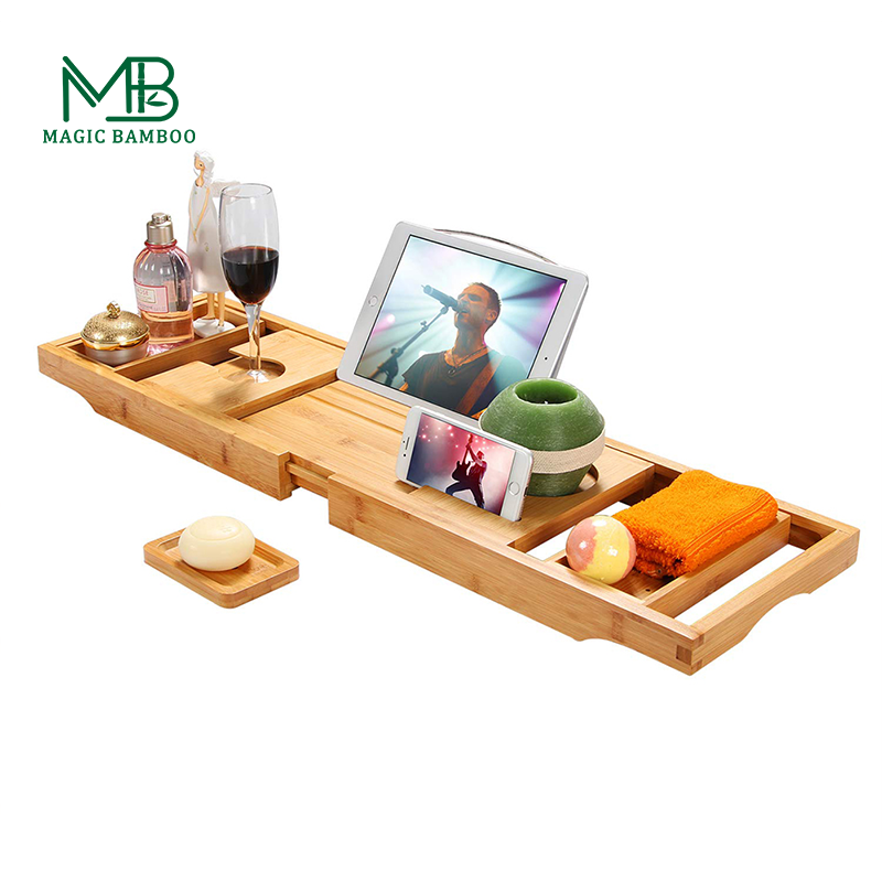 Extendable Sides Luxury Bamboo Bathtub Caddy Trays for Books Tablets and Wine Glass