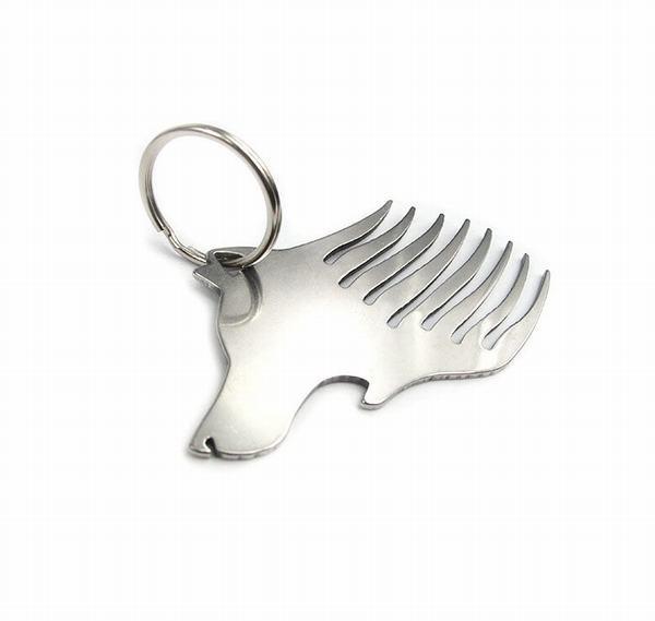 Quality Custom cool innovative men gift, engrave logo stainless steel animal wolf head keychain beard comb bottle opener for sale