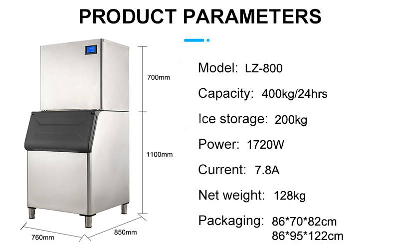 Hotel Kitchen 400kg Per Day LZ-800 OEM ODM Ice Maker With 200KG Ice Storage Capacity