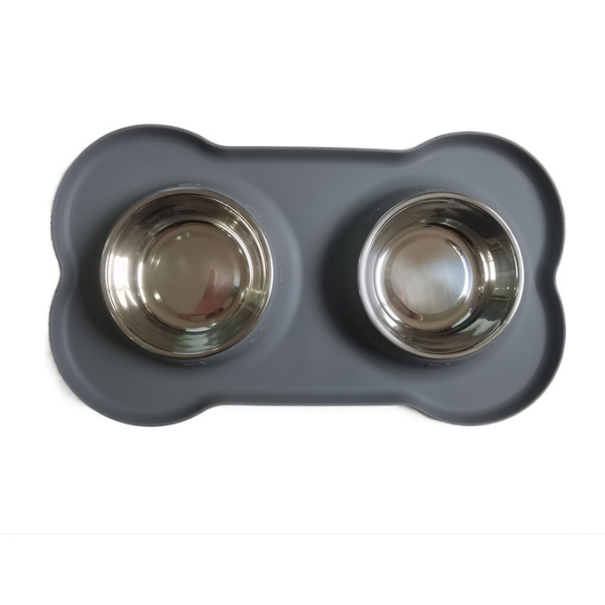 Pet Silicone Anti Spill Bowl Dog Stainless Steel Eating And Drinking Double Bowl