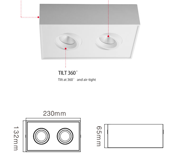 Square Double Head Downlight 3000K Surface Mounted Dimmable LED Downlights