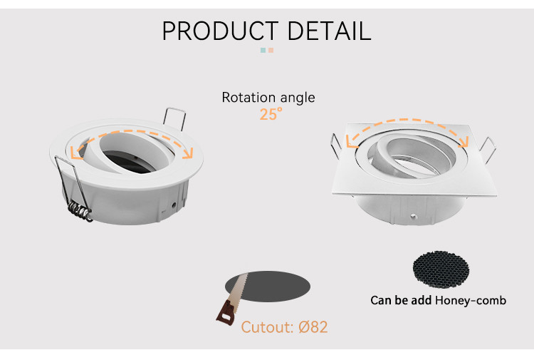 IP20 Renewable MR16 Downlight Housing Tilted Cutout 82mm Downlight Enclosure