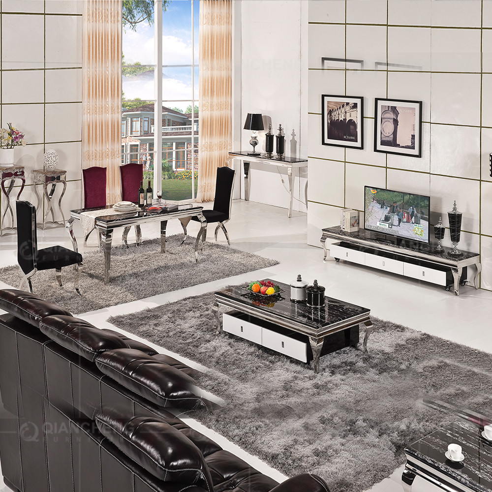 Modern Restaurant SS Steel Furniture Glass Louis 6 Chair Dining Table Set