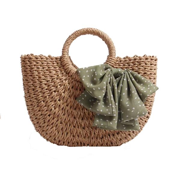 Buy cheap Brown Corn Skin Crochet Hand Bag Small With Green Scarf Bow Woven ODM from wholesalers
