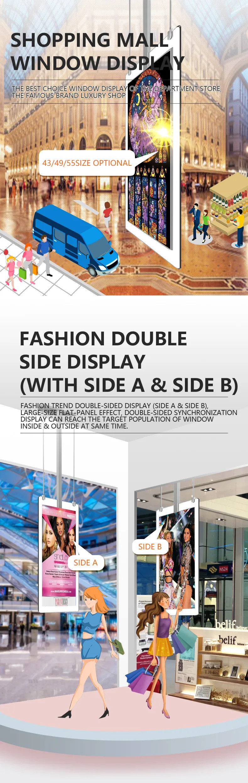 55 Inch Double Screen Floor Standing Large Digital Signage And Displays Double Sided Advertising Machine