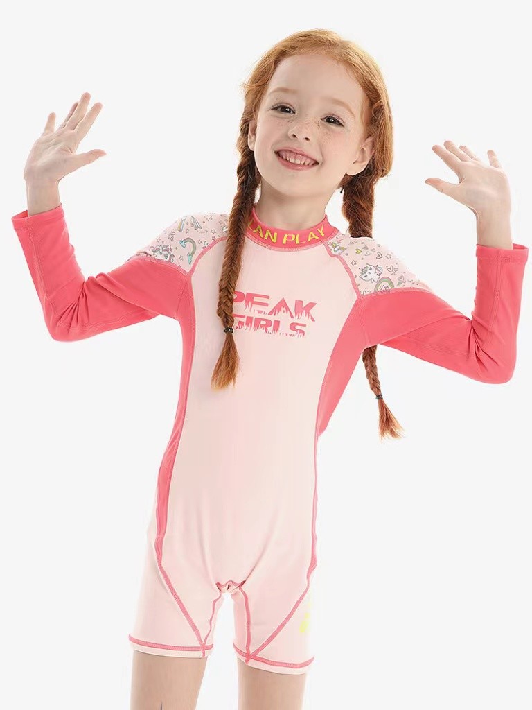 One Piece Long Sleeve Swimwear Children Kids Bikinis Split Pink Printed Lace Shawl