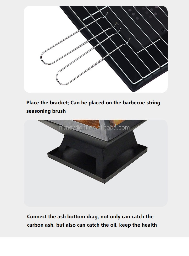2 in 1 Outdoor Garden Charcoal Fire Pit Brazier with Square Barbecue 46.5*46.5*347cm