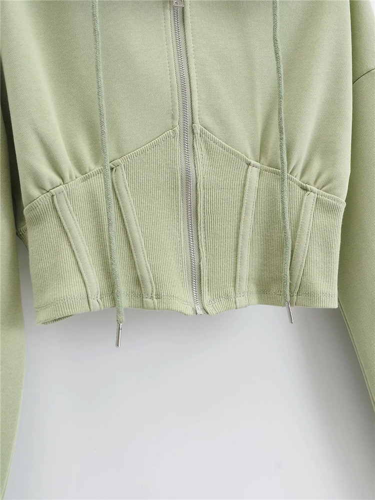 Spring New Ultra Short Style Waist Closed Fish Bone Long Sleeve Leisure Cardigan Top Sports Hooded Zipper Hoodie Coat Female