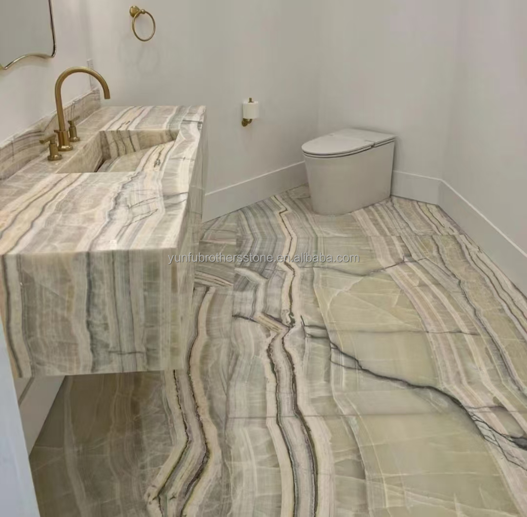 Hotel Bathroom Wall Panel and Vanity Basin with Sink Made of Natural Stone Onyx Marble