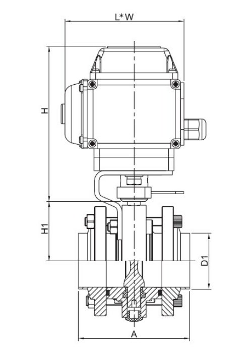 Dimension of Electric Actuated Flanged(three-piece) Butterfly Valve -3A, SMS, ISO, DS Series