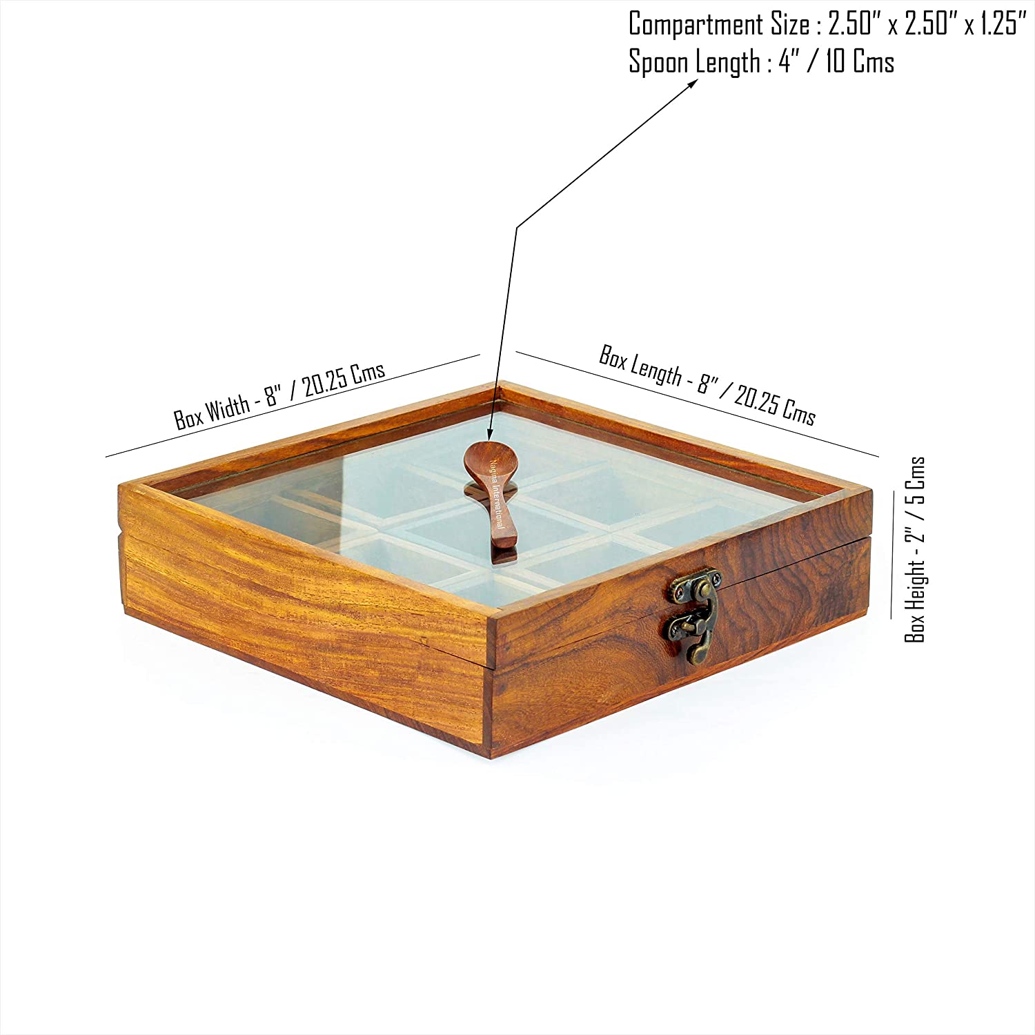 8" Wooden Handcrafted Multi-Compartment Square Storage Box | Kitchen Ware Jar Container Canister For Spices/Sugar/Tea/Dry Fruits