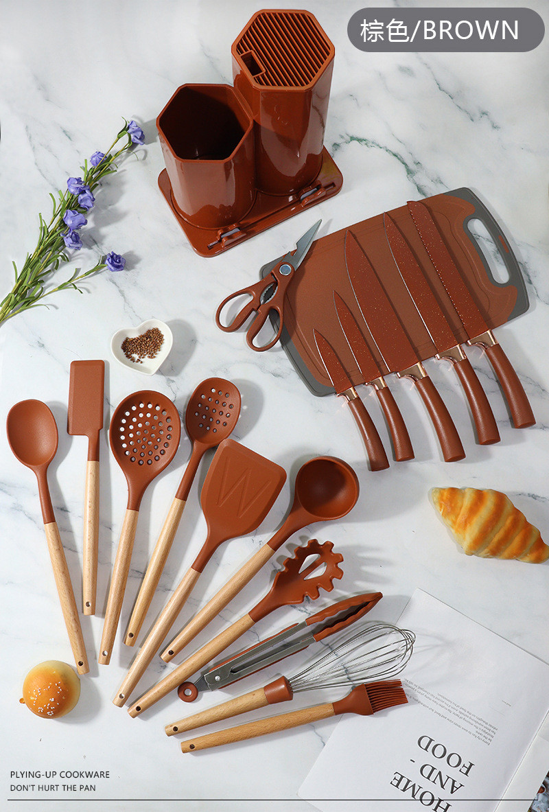 19pcs Non-Stick Silicone Cooking Kitchen Utensils Spatula Set With Holder, Wooden Handle Silicone Kitchen Gadgets