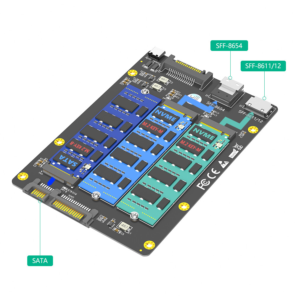 3 in 1 Combo M.2(NGFF) NVMe SSD/SATA-Bus SSD to SFF-8611/8612 8654/and SATA Adapter