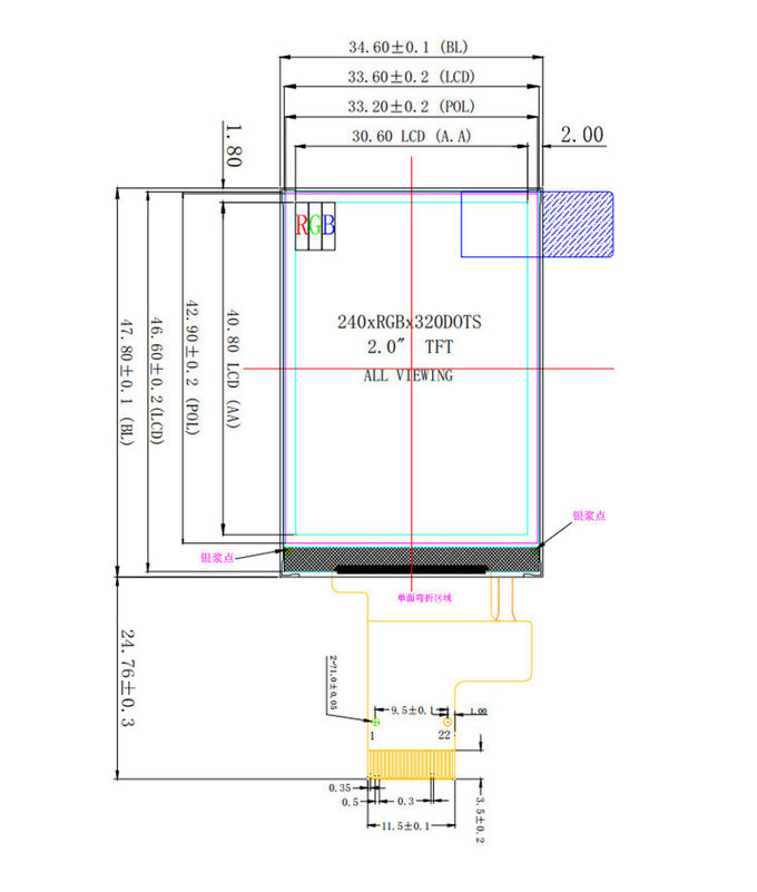 2.0 Inch Ili9225g 300CD/M2 High Brightness Lcd Screen