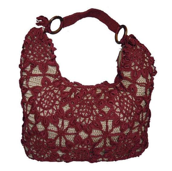 Quality Handmade crochet handbag hobo women wine red bag flower bag for sale