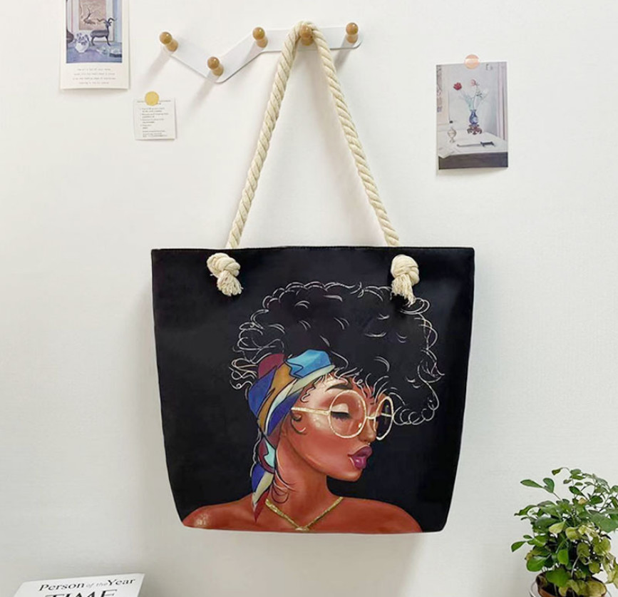 Women Cute Girl Mother Gift Canvas Tote Bag Shopping Black African Style Casual