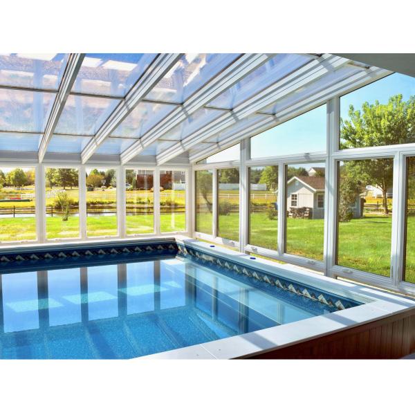 Buy cheap Heat Preservation Clear Laminated Glass Greenhouse Inclined Roof Glass Enclosed Sunrooms Prefab Glass Greenhouse For Swimming Pool from wholesalers