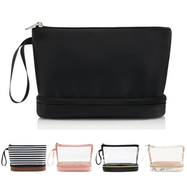 Buy cheap Fashion Black Waterproof Two Layer Cosmetic Pouch Ladies Carry On Clutch Makeup Bag With Brush Organize from wholesalers