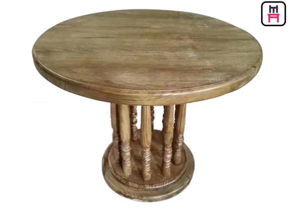 Rustic Wood Top Restaurant Dining Table , Roman Column Vintage Round Dining