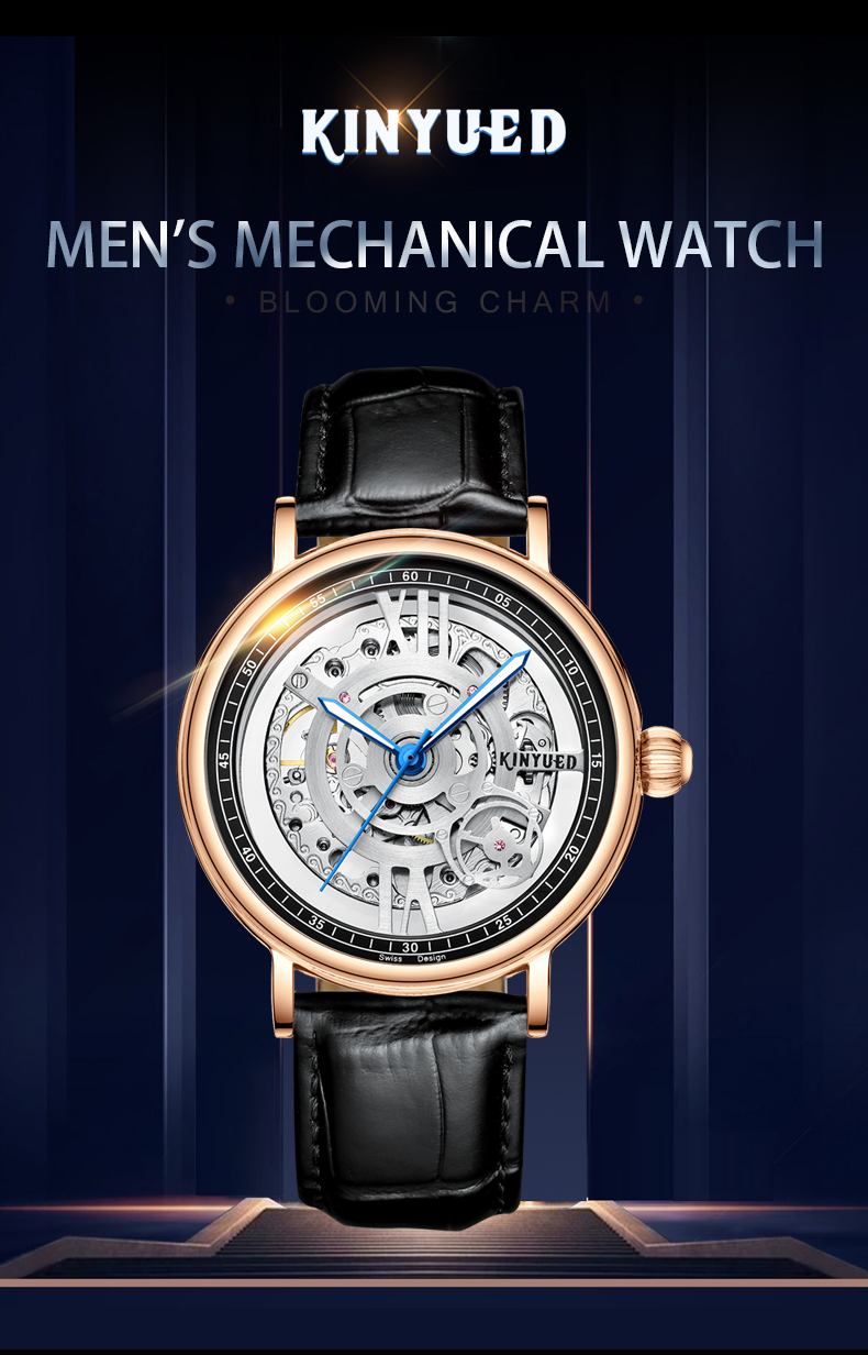 KINYUED J069 stainless steel luxury leather waterproof quartz oem brand hands wristwatches custom logo wrist mens watch