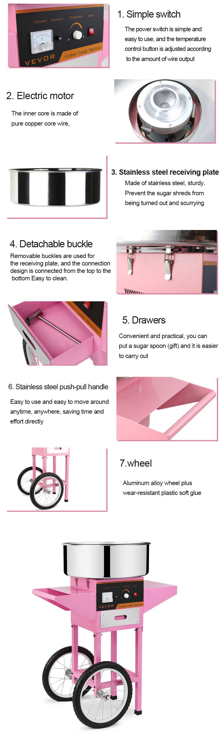 304 stainless steel automatic fancy cotton candy machine professional cotton candy floss making maker with Cart