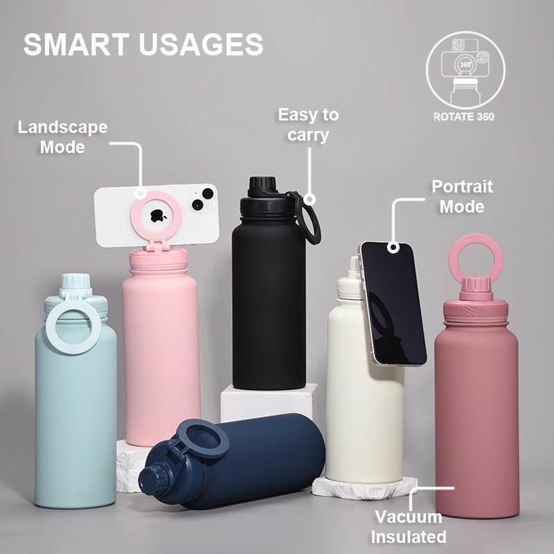 2024 New Magnetic Insulation Cup Mobile Phone Holder Water Cup Large Capacity 1L Large Mouth Stainless Steel Sports Wate