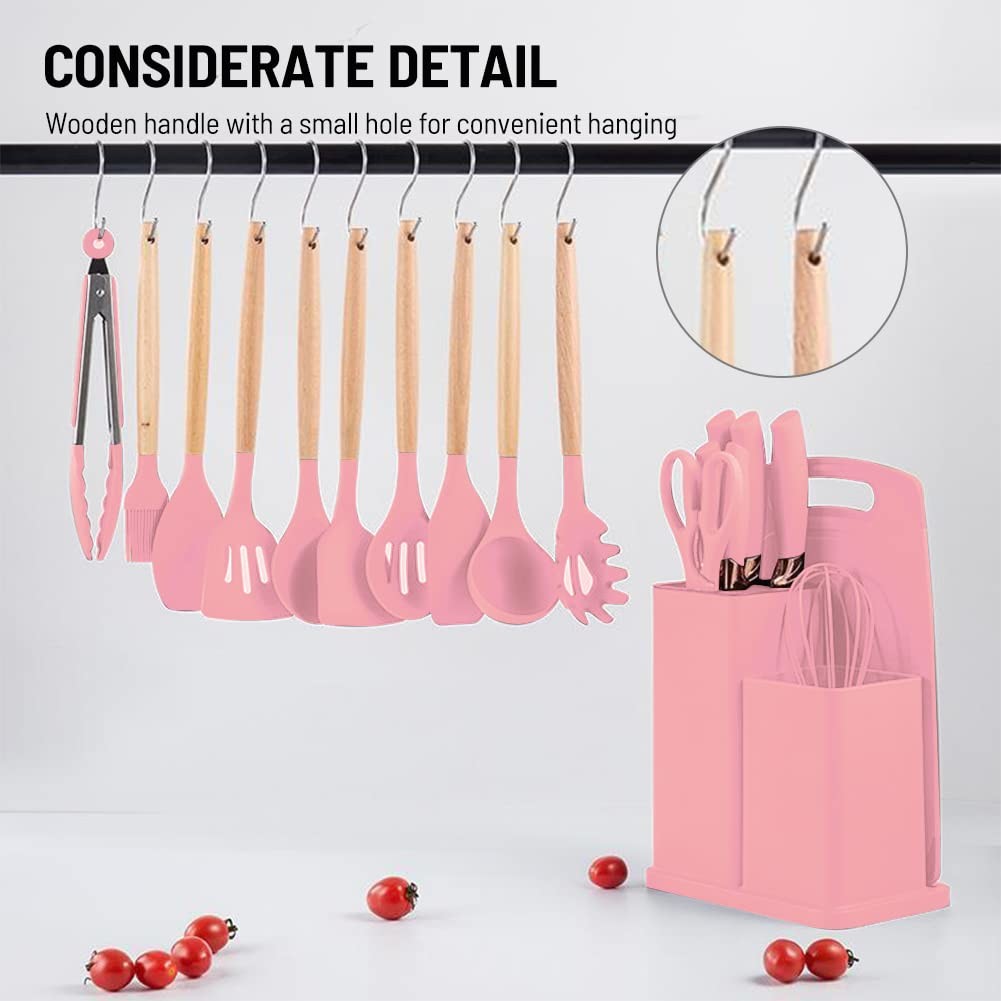 19pcs Non-Stick Silicone Cooking Kitchen Utensils Spatula Set With Holder, Wooden Handle Silicone Kitchen Gadgets