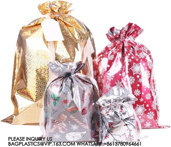 Christmas Gift Bags, Santa Wrapping Bag Designs With Inserted Drawstring Ribbons