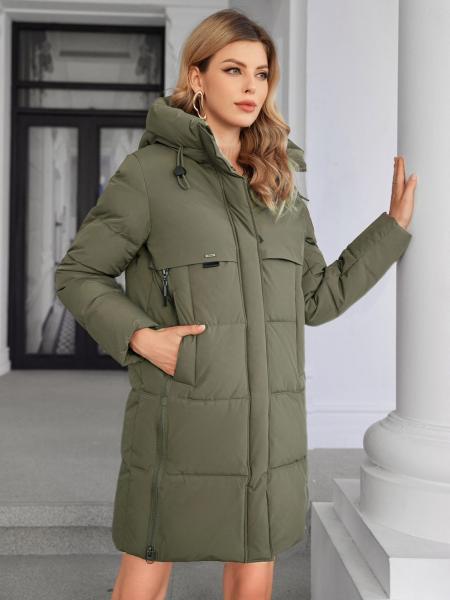 Classic Four Pocket Mid-Length Thickened Down Jacket, machine washable, woman