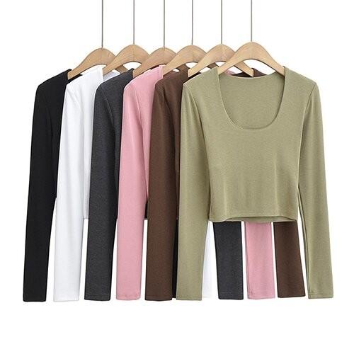 Buy cheap OEM maufactory U Collar Long Sleeved T Shirt Female 22 Autumn Polyester Hot Girl from wholesalers