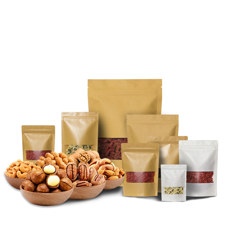 Biodegradable Eco Friendly Food Stand Up Pouch White Brown Kraft Paper Zipper Bag with Window