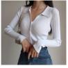 Buy cheap Women 2023 New Lapel Slim Slimming Tops Ladies Hollow Buttons Sexy V Neck Long Sleeve Polo Neck Knit Cardigan Sweater Women from wholesalers
