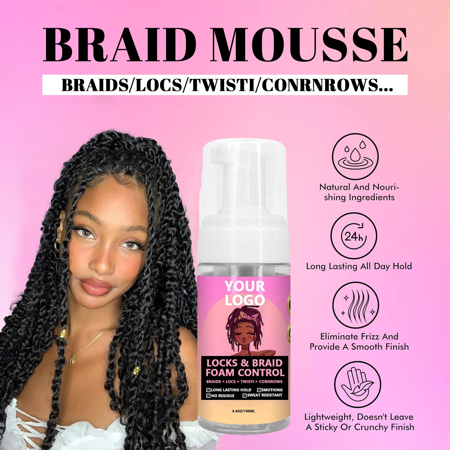 Custom Hair Setting Mousse For Braiding Control Frizz And Define Braids On Black Women
