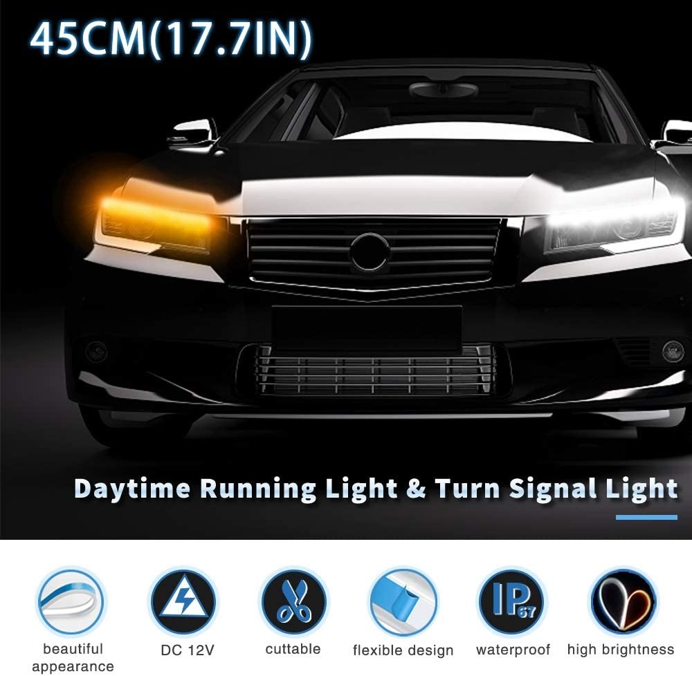 45CM 17.7" White Amber Flexible LED Day Time Running Light Flowing Bar Silicone DRL