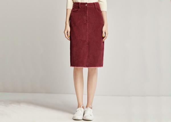 Buy cheap Red Corduroy Wrap Ladies Dress Skirt Knee Length Casual High Waist Skirt from wholesalers