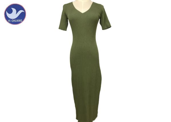 Buy cheap V Neck Short Sleeves Summer Womens Knitted Dresses Green Ribs Design Viscose Nylon from wholesalers