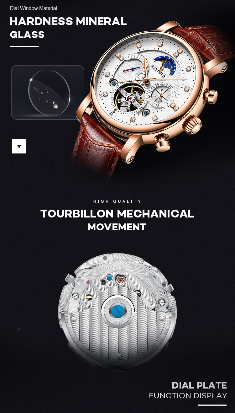 Automatic Mechanical Watch Leather Moon Phase With Diamond Crystal Mechanical Watch For Men