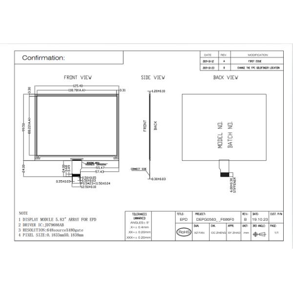 5.83'' 640X480 3 Colors Red Black White EPaper Display Electronic Tag Eink Screen