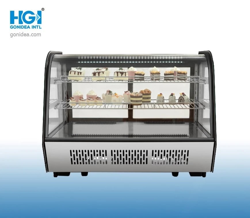 Adjustable Chrome Plated 160L Curved Glass Cake Display Freestanding