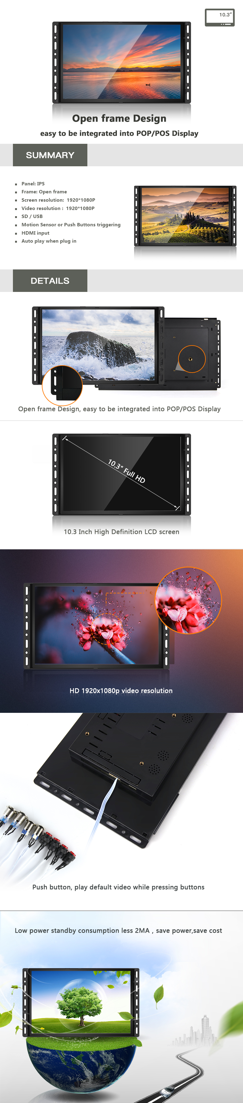 1280*800 10 Inch Lcd Monitor Plug In And Auto Play For Shelf Displaying