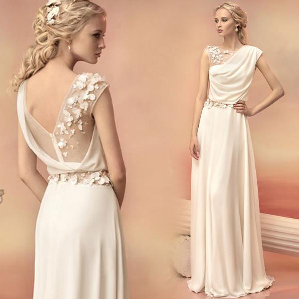 Buy cheap Beige Chiffon Flower Back Decoration Floor Length Flower Evening Dress TSJY137 from wholesalers