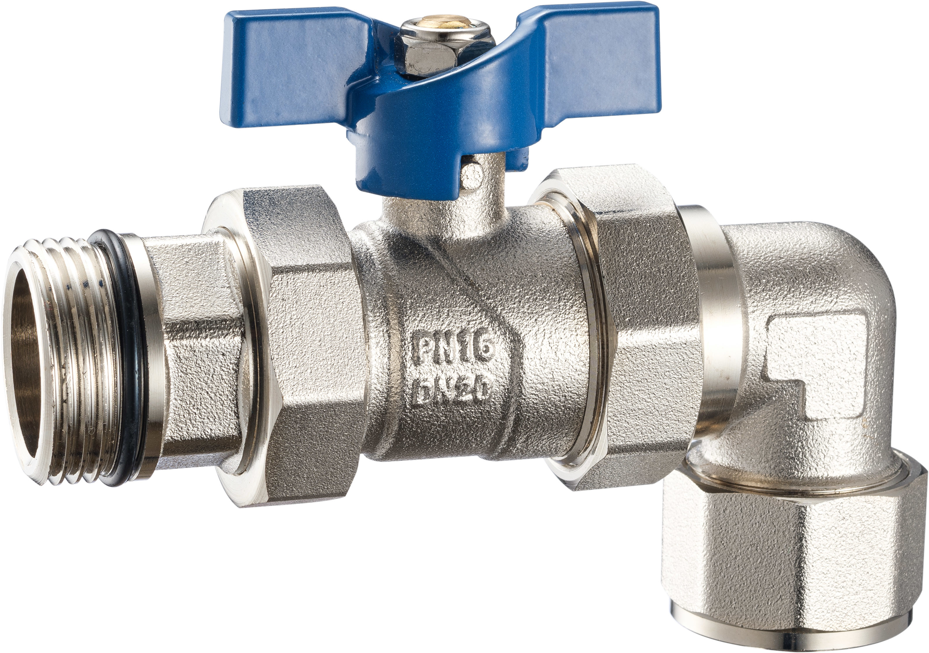 3606 3608 Nickel Plated Angle Coupling Brass Ball Valve with Blue Aluminum Butterfly Handle for Plastic pipe connections
